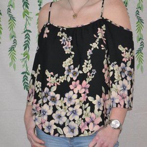 Floral Cold Shoulder Top - Black and Pink